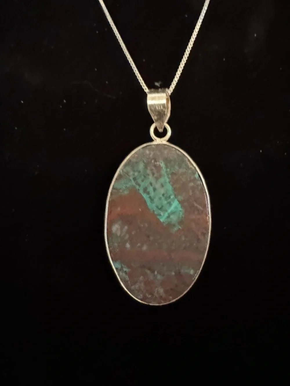 Turquoise and Red chrysocolla quartz Oval Pendant Necklace sterling silver‎
